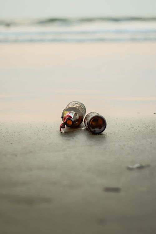 Free Two empty beer bottles washed ashore on a serene Goa beach during sunrise, creating a moody yet tranquil scene. Stock Photo