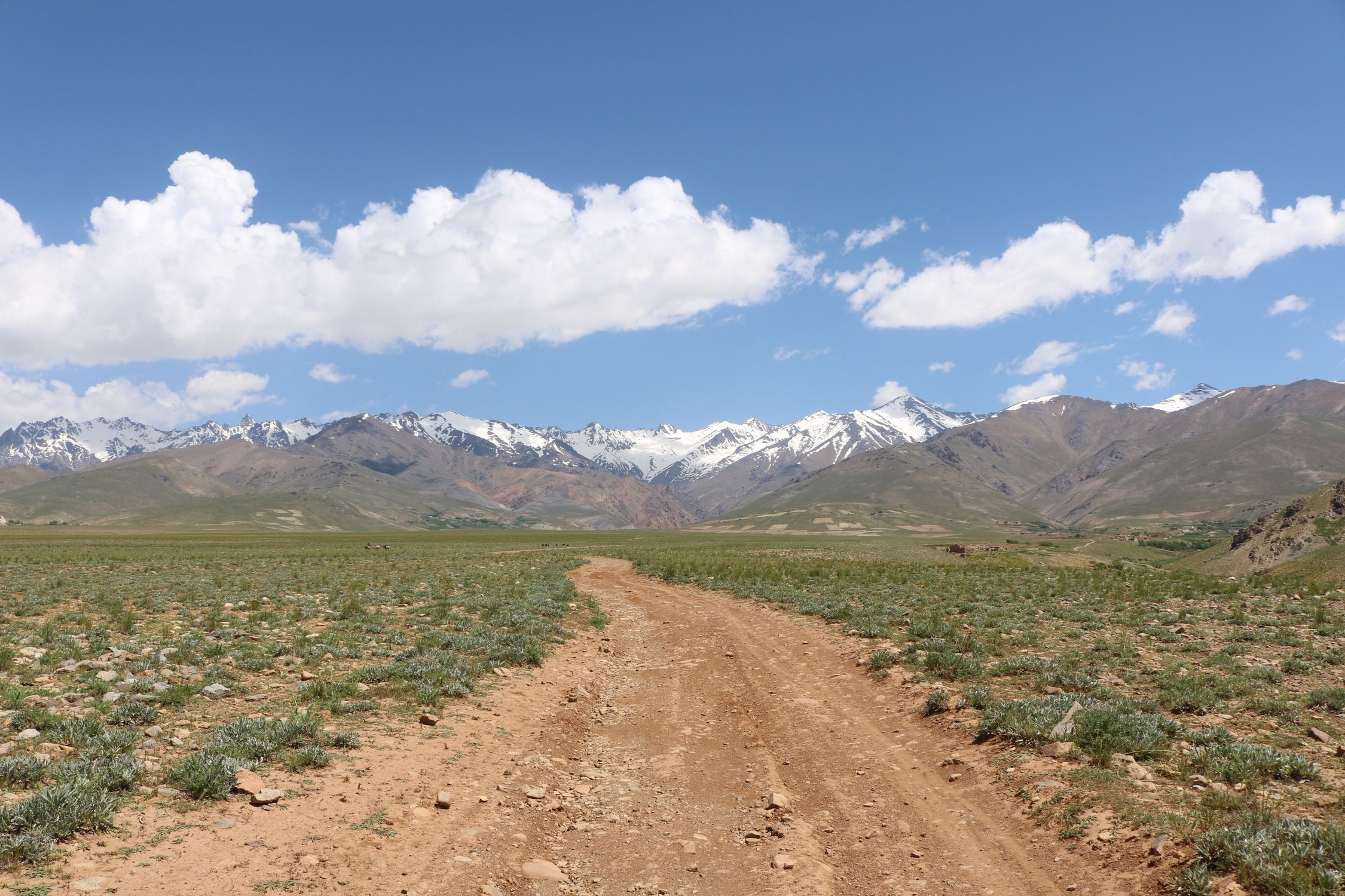 Dirt track leading toward a snowcapped mountain range in a remote high-altitude valley Dirt track leading toward a snowcapped mountain range in a remote high-altitude valley