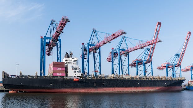A large container ship docked with cranes, showcasing global trade in Hamburg Port.
