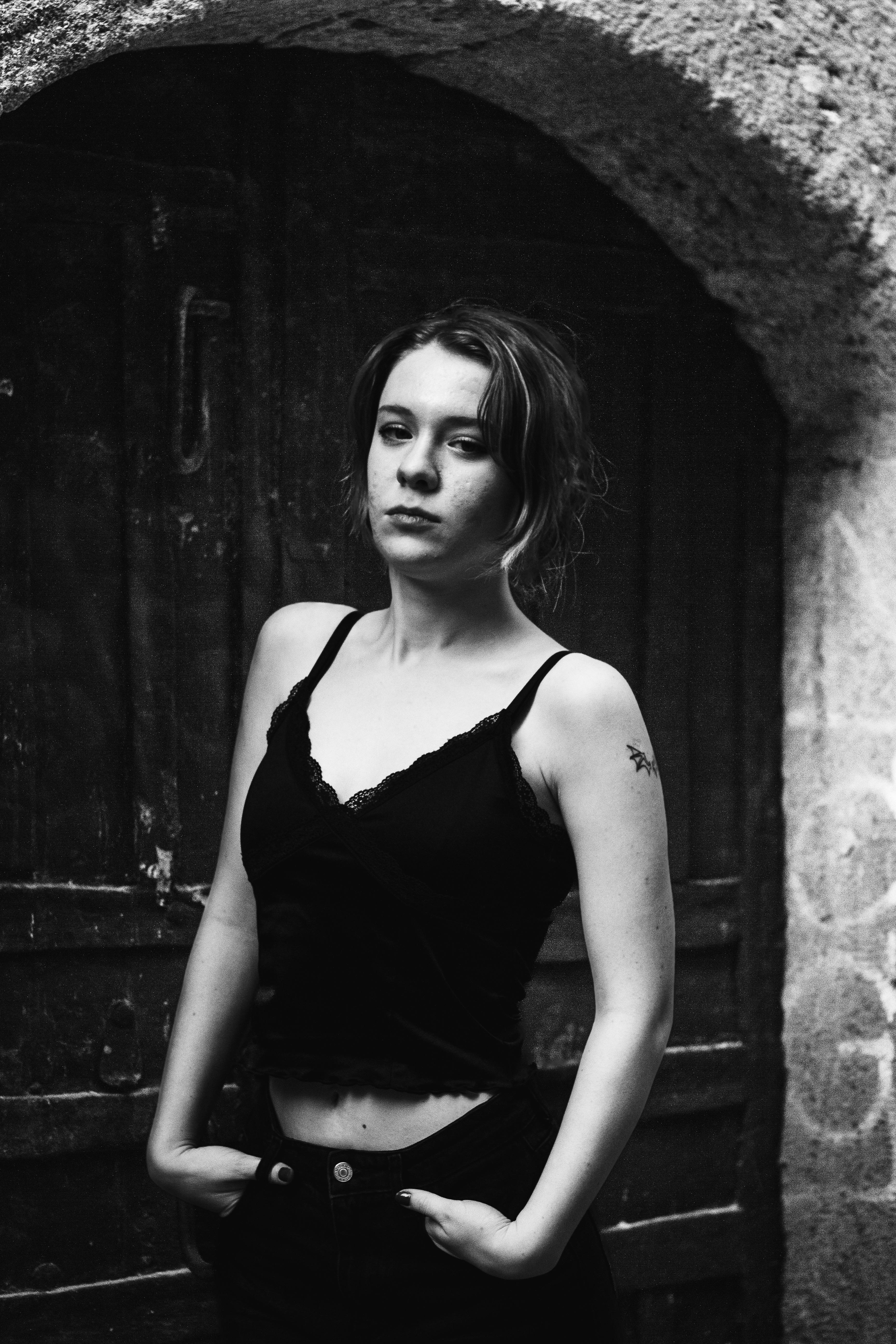 moody black and white portrait of woman