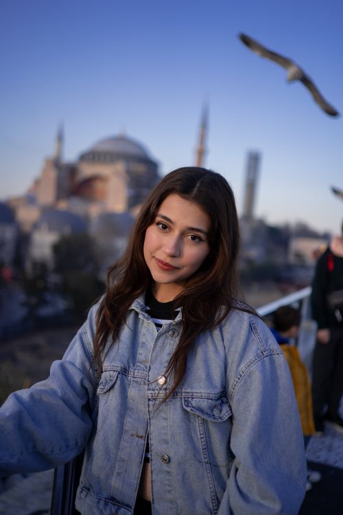 Free Young woman near Istanbul landmark, surrounded by seagulls at dusk. Stock Photo