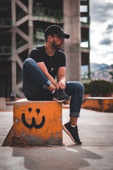 男子心情轻松地坐在涂鸦覆盖的城市街区上