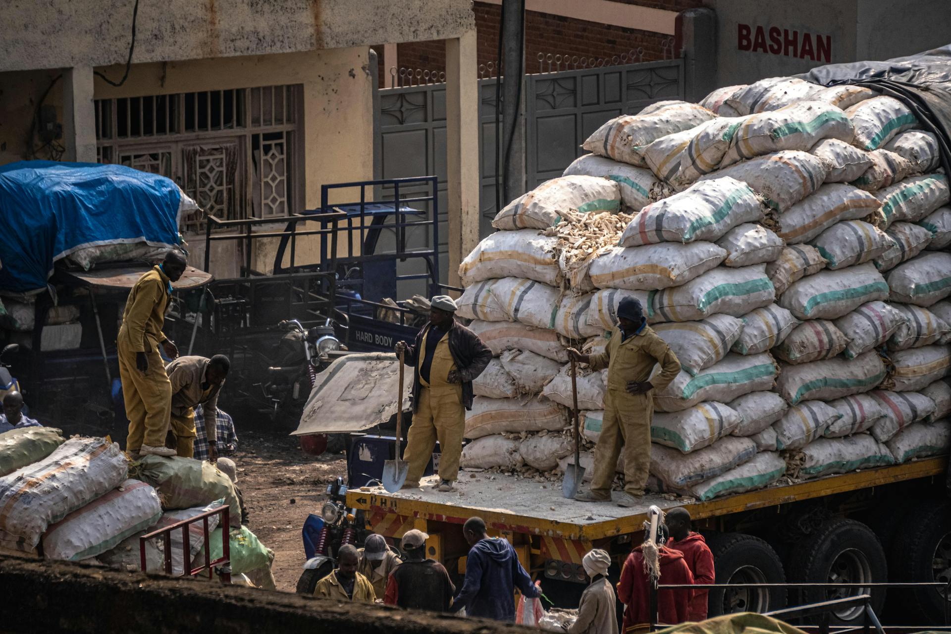 A group of workers load sacks onto a truck in an industrial area, showcasing teamwork and labor.