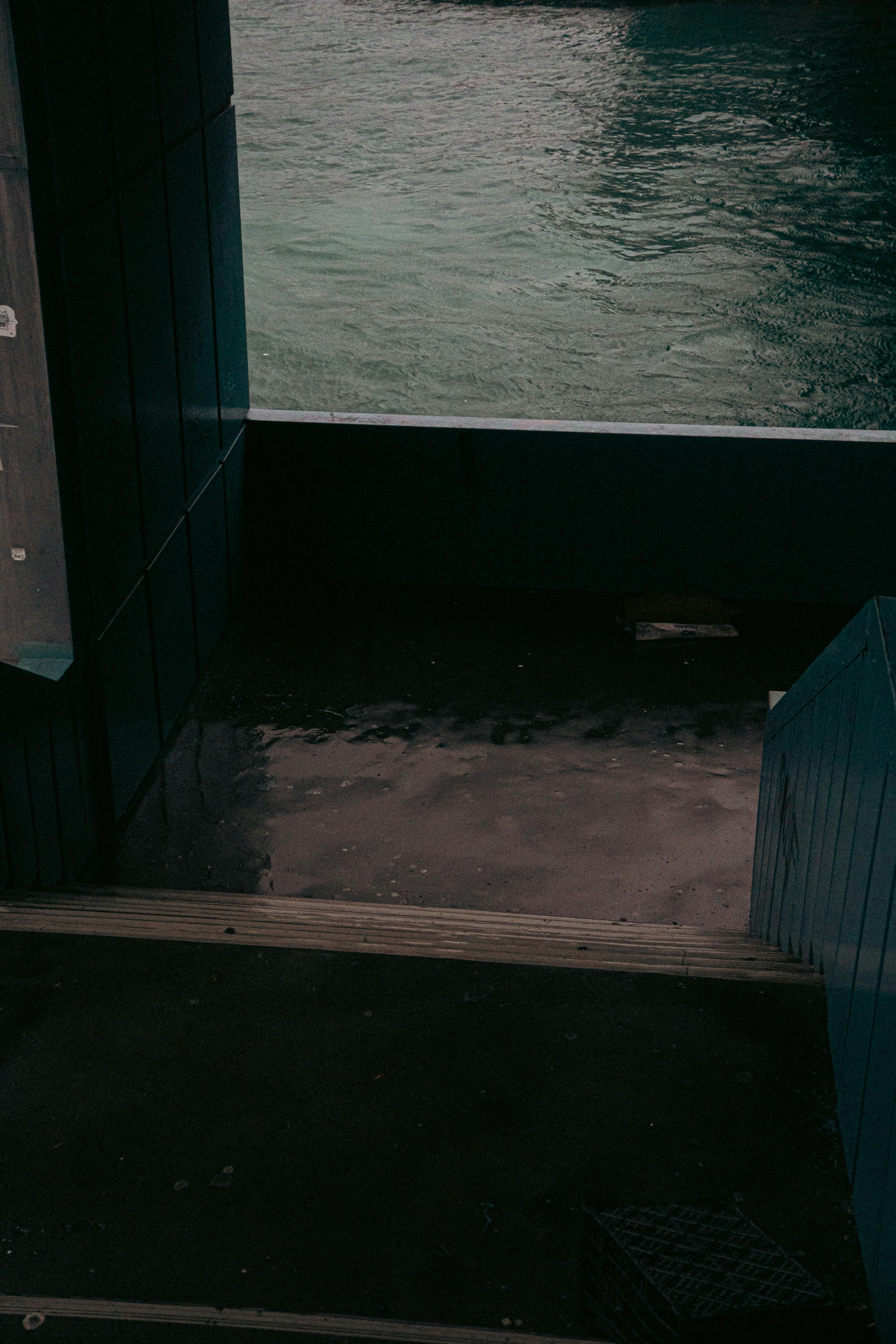 бесплатная Темная лестница ведет к угрюмому водному пейзажу, излучающему спокойствие и таинственность. Стоковое фото