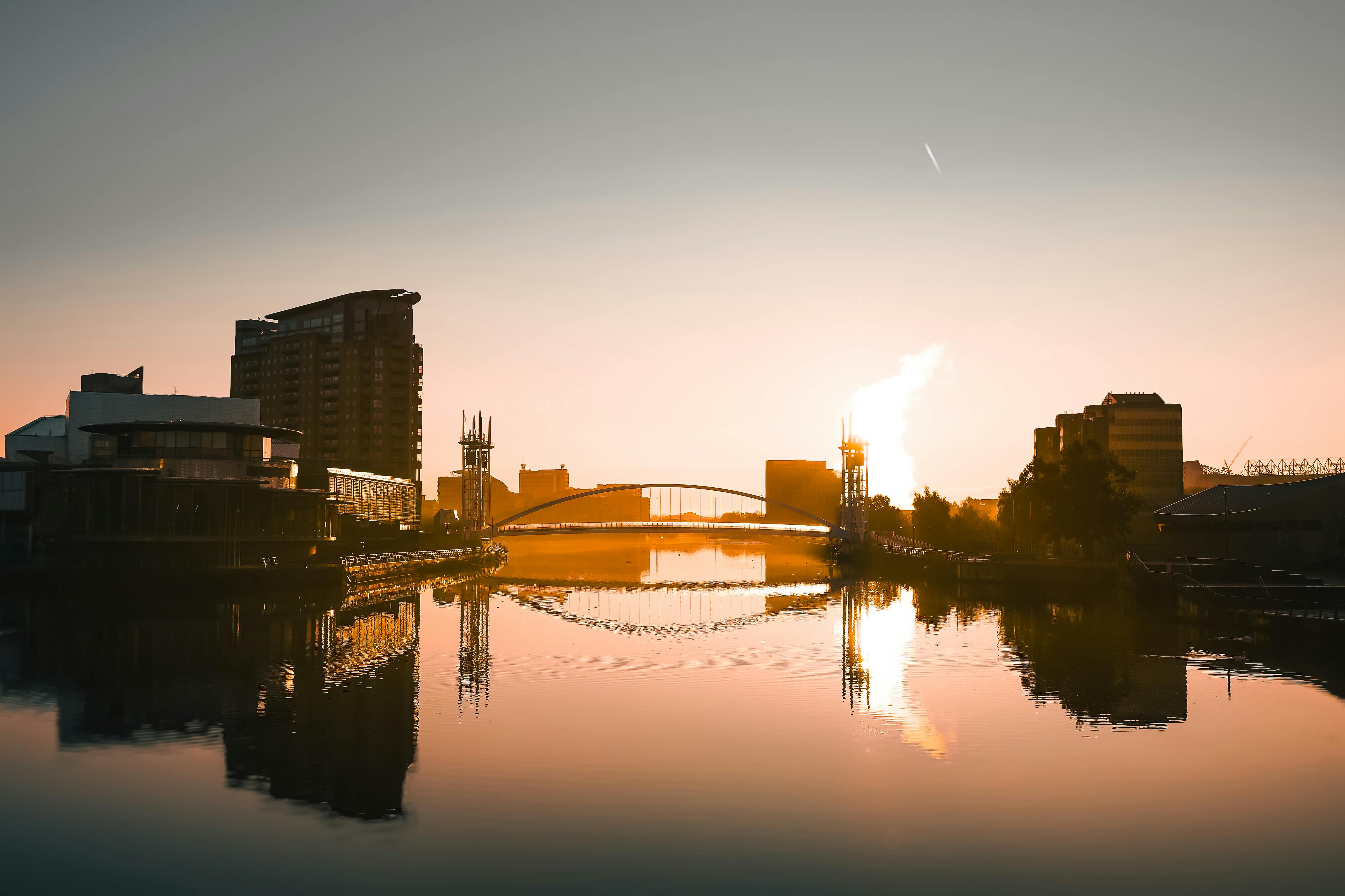 sunset reflection at salford quays uk