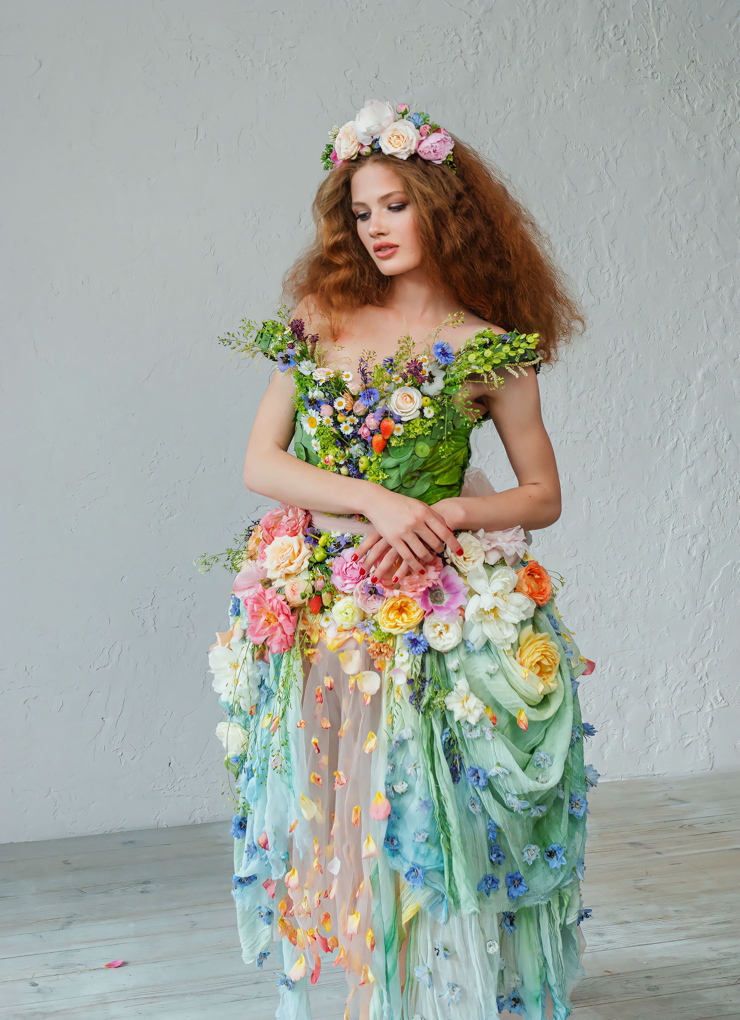 Elegant Floral Gown Fantasy Portrait in Studio Setting  Free Stock Photo