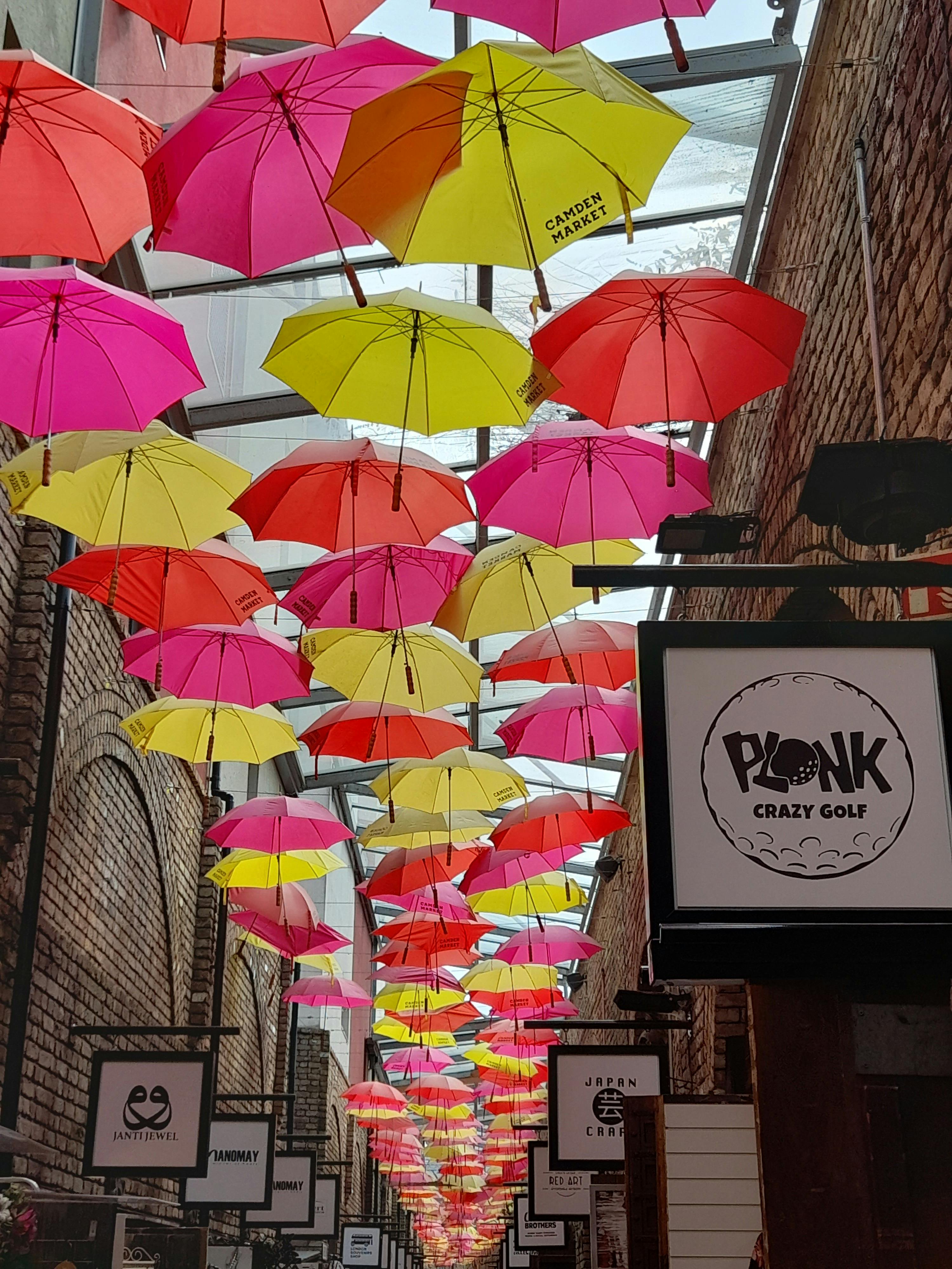 Colorful umbrellas hanging in Camden Market, creating a vibrant artistic scene.