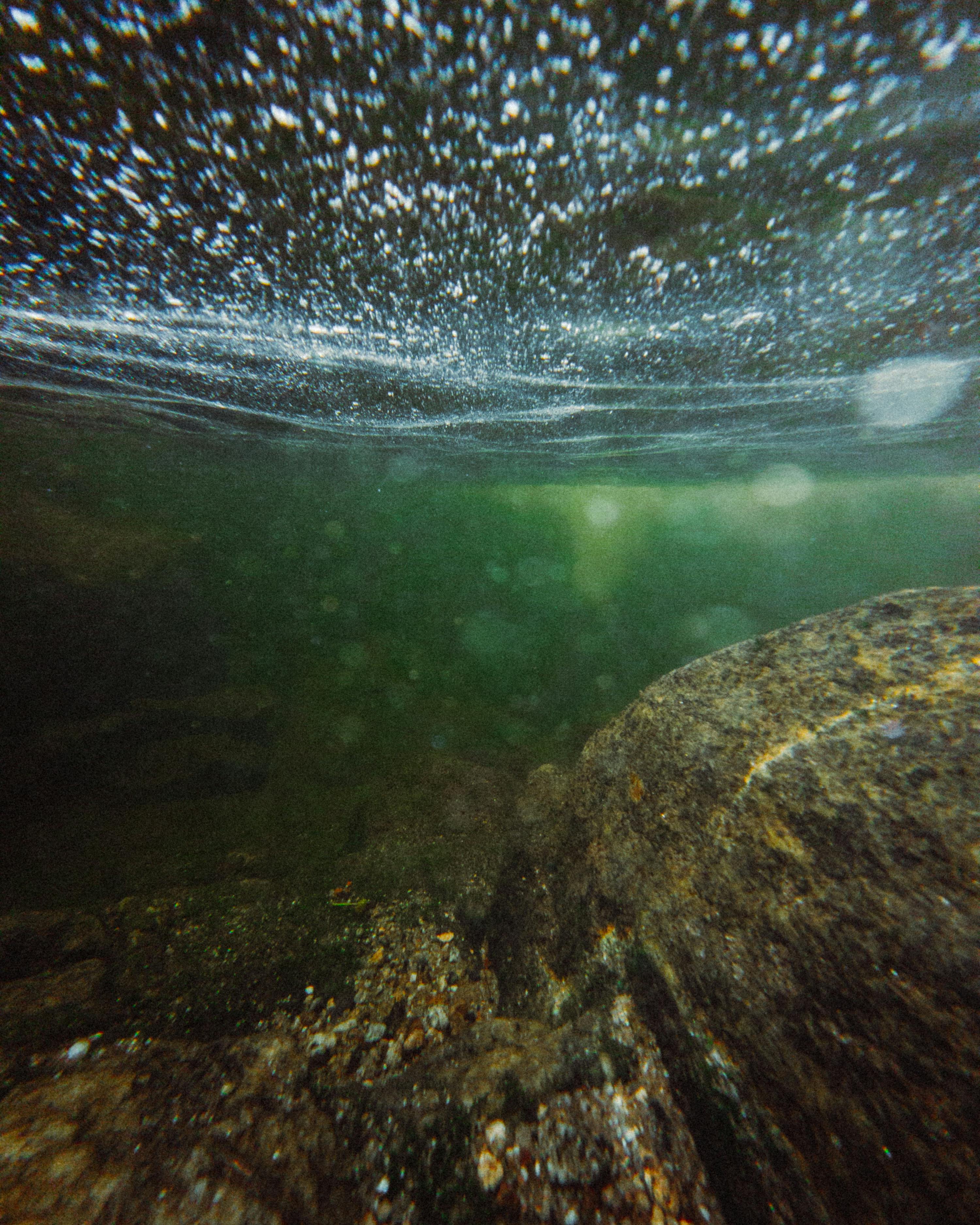 Captivating underwater shot of rocky seabed with air bubbles, showcasing natural aquatic beauty.