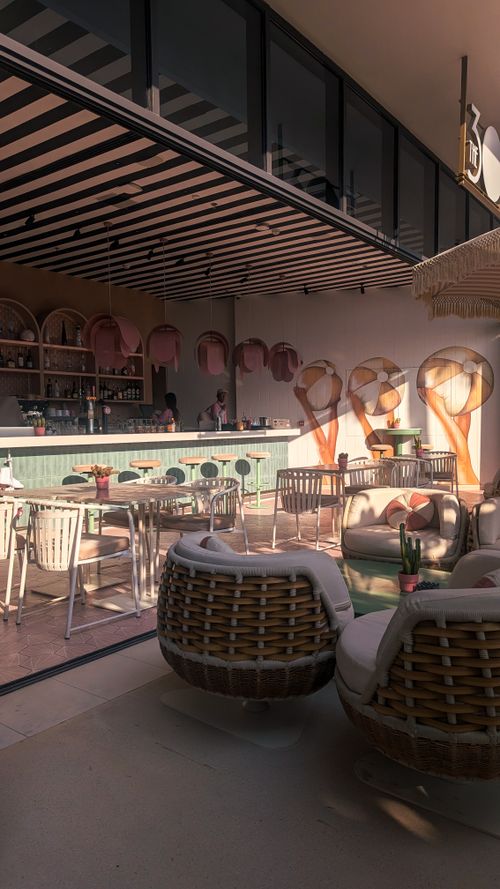 Free Bright and stylish outdoor cafe with modern wicker furniture and warm lighting. Stock Photo