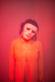 一张引人入胜的怪异照片中，一个戴着面具、穿着衣服的人，在喜怒无常的红色灯光下