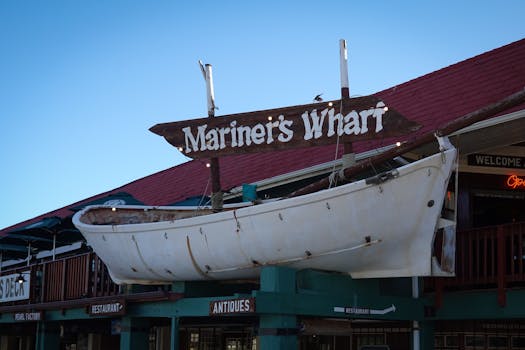 A boat decor at Mariner's Wharf displaying a nautical theme, perfect for coastal settings.
