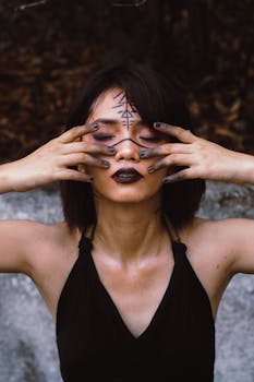 这幅神秘的女子肖像画上，面部绘有象征性的彩绘，双手摆好姿势，体现了巫术的意味