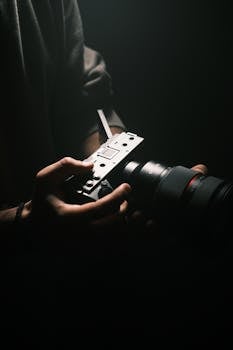 Close-up of professional filmmaking gear in a dramatic low light setting.