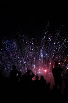Silhouetted people admire a colorful fireworks show in the night sky, creating a mesmerizing celebration scene.
