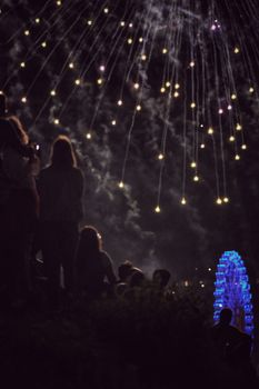 Silhouetted crowd enjoying a night-time fireworks display with a Ferris wheel in view.