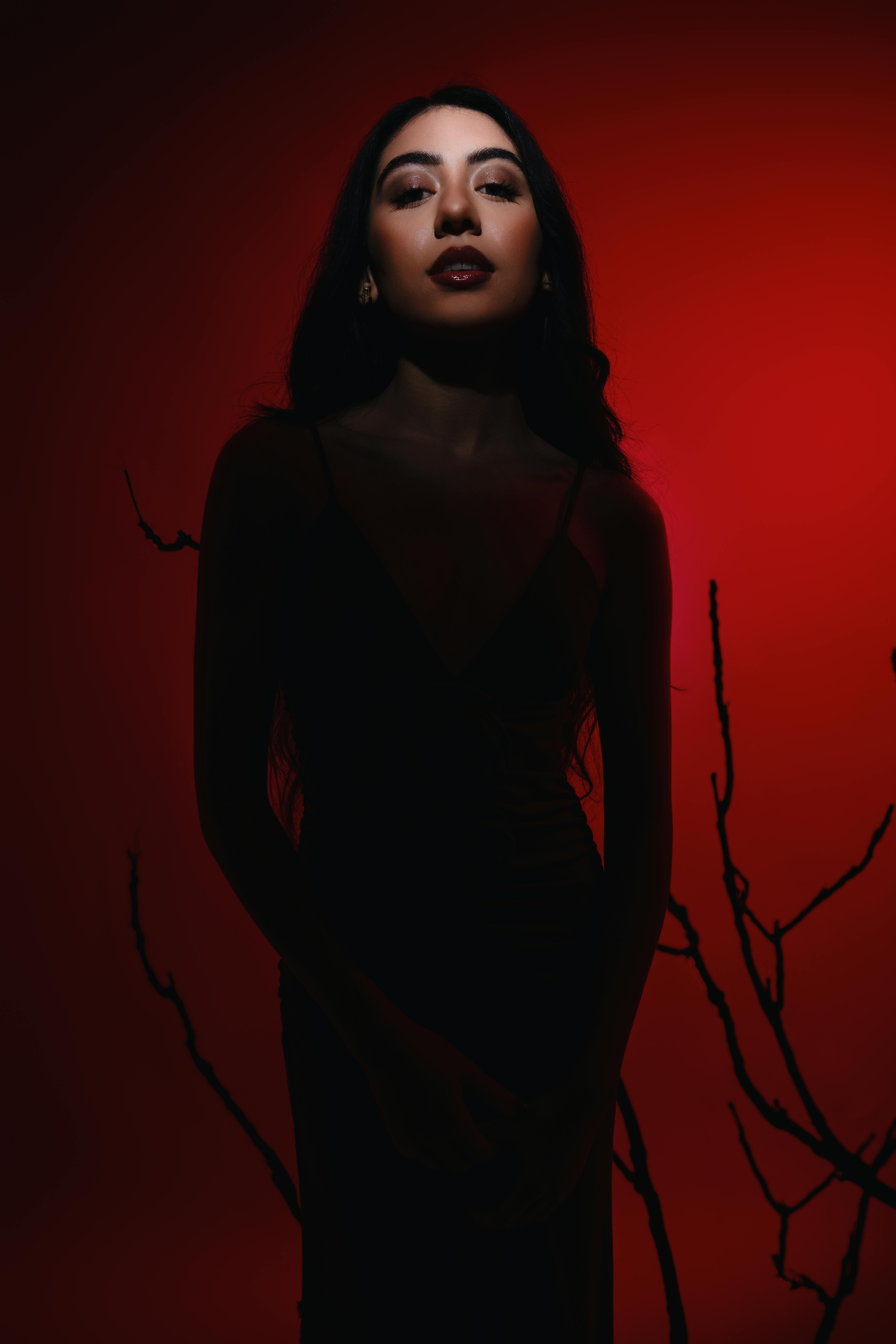 Elegant portrait of a woman with dramatic lighting against a red backdrop.