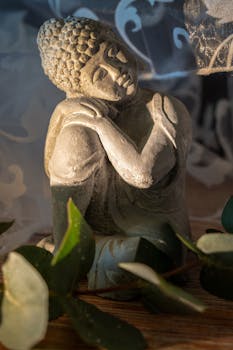 A tranquil Buddha sculpture in a peaceful setting with leaves, symbolizing meditation and relaxation.