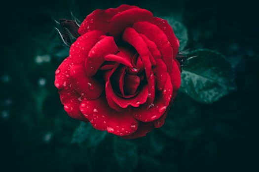 Close-up of a blooming red rose with fresh dew droplets on petals in a garden setting.