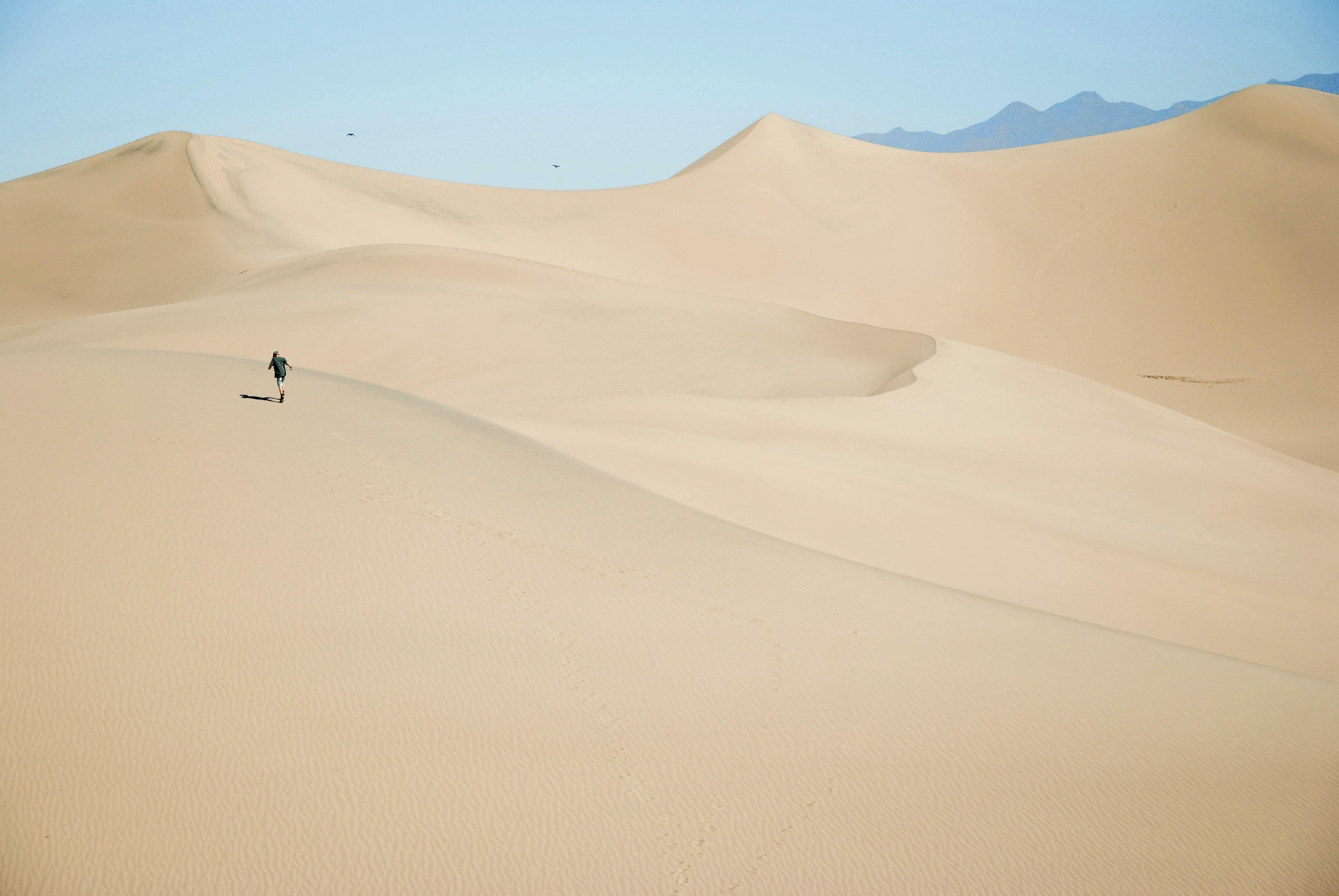 Δωρεάν Μοναχική φιγούρα που διασχίζει εκτεταμένους αμμόλοφους κάτω από έναν καταγάλανο ουρανό, προβάλλοντας τεράστια τοπία ερήμου. Φωτογραφία από στοκ φωτογραφιών