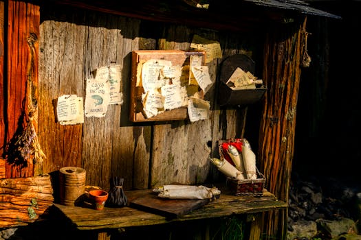 Charming rustic setup with scrolls and notes in Hobbiton, New Zealand.