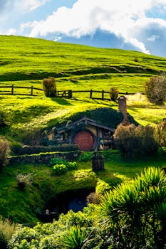 Scenic view of Hobbit House in sunny fields of Matamata, New Zealand's iconic Hobbiton