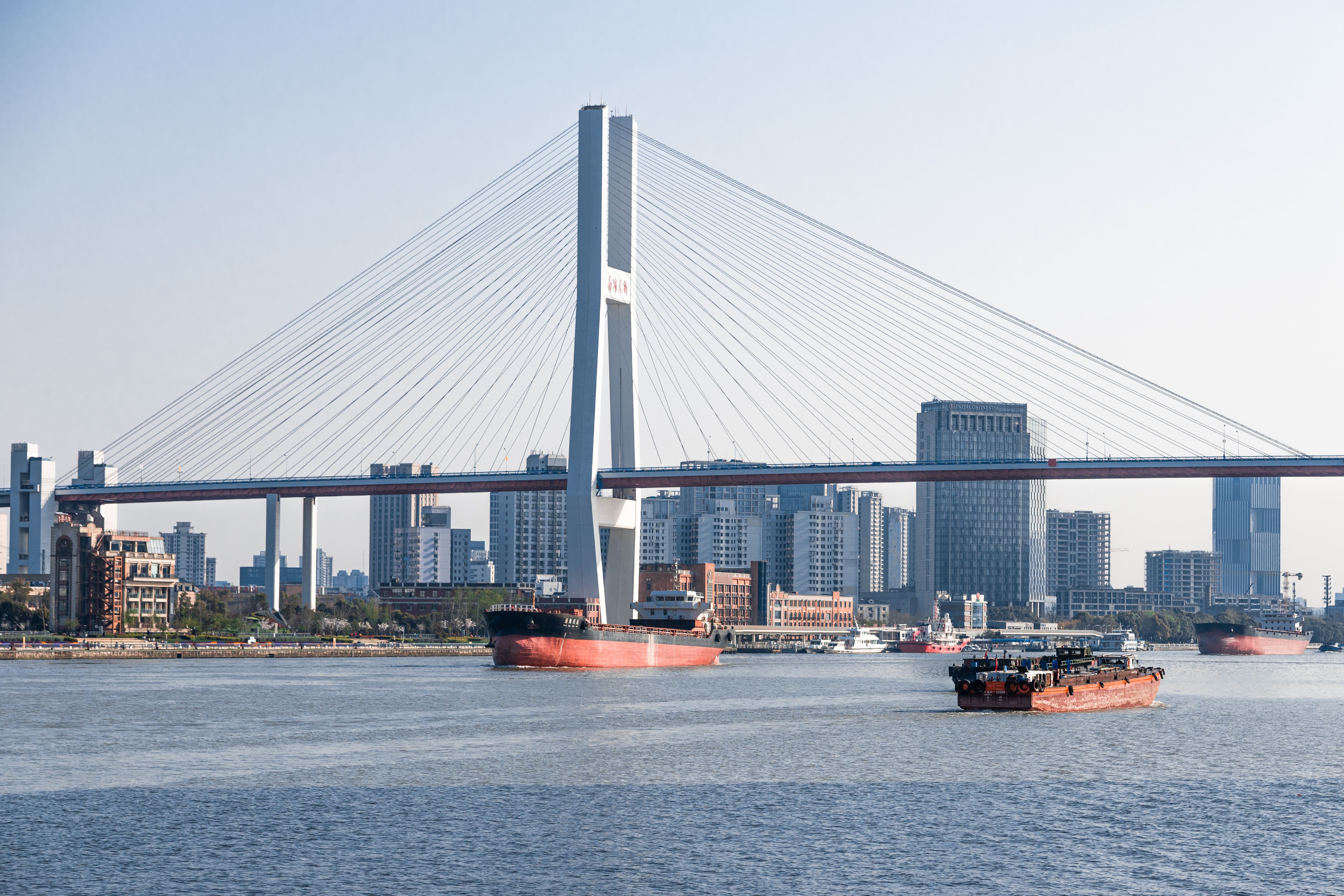 View of the Nanpu Bridge spanning the Huangpu River in Shanghai with city skyline.