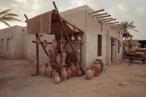 Free Rustic desert village scene with pottery on display in an adobe building setting. Stock Photo