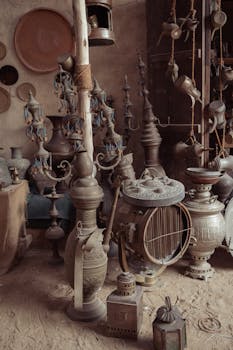 A collection of vintage Middle Eastern antiques and copperware in a rustic indoor setting.
