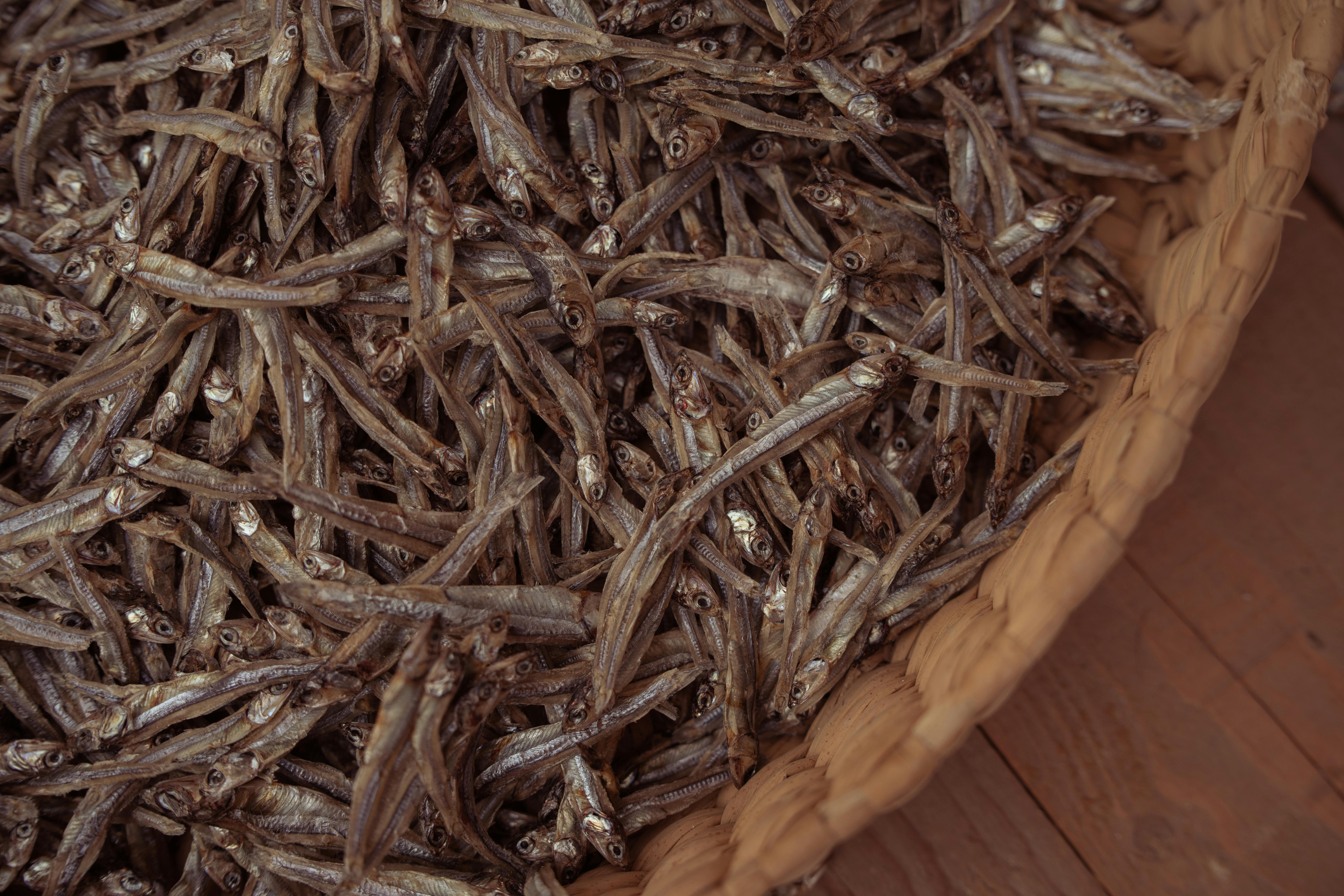 A woven basket filled with dried fish, showcasing natural texture and earthy tones.