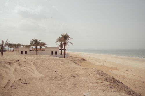 Free Tranquil desert landscape with minimal structures and palm trees by the sandy beach. Stock Photo