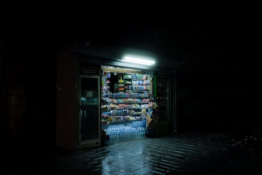 A dimly lit street kiosk glowing at night, stocked with snacks and drinks.