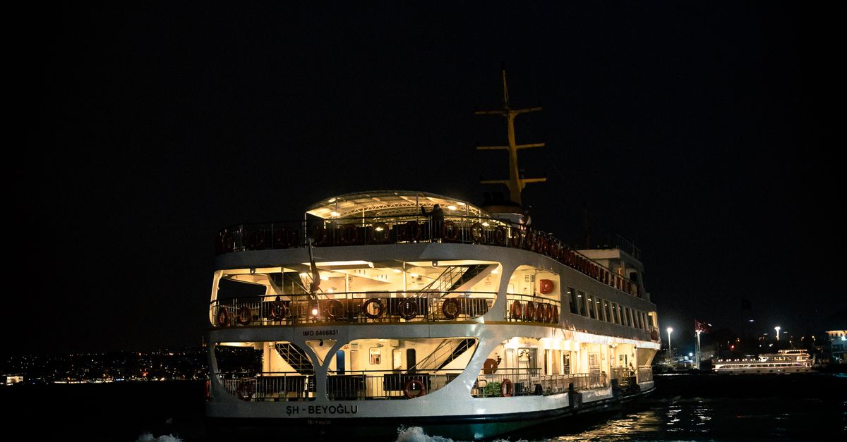 Two Rows Ferry Lights Illuminated Ferry at Night under Moonlit Sky · Free Stock Photo