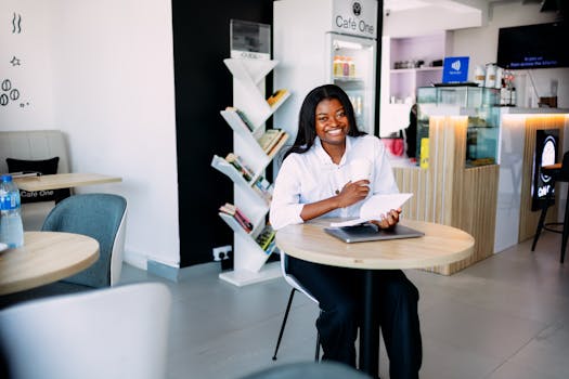 Smiling woman enjoys a book and coffee in a modern Lagos café.