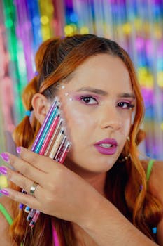 Woman showcasing creative makeup and colorful pencils against a vivid backdrop.