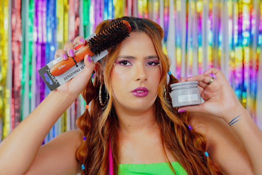 A woman holding a hairbrush and styling cream in a vibrant, colorful setting.