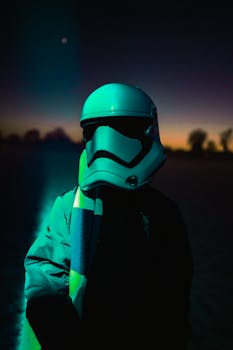 A person in a stormtrooper helmet stands at dusk, evoking a sci-fi feel.