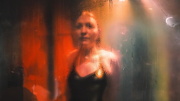 Abstract portrait of a person behind a steamy glass, creating a cinematic feel.