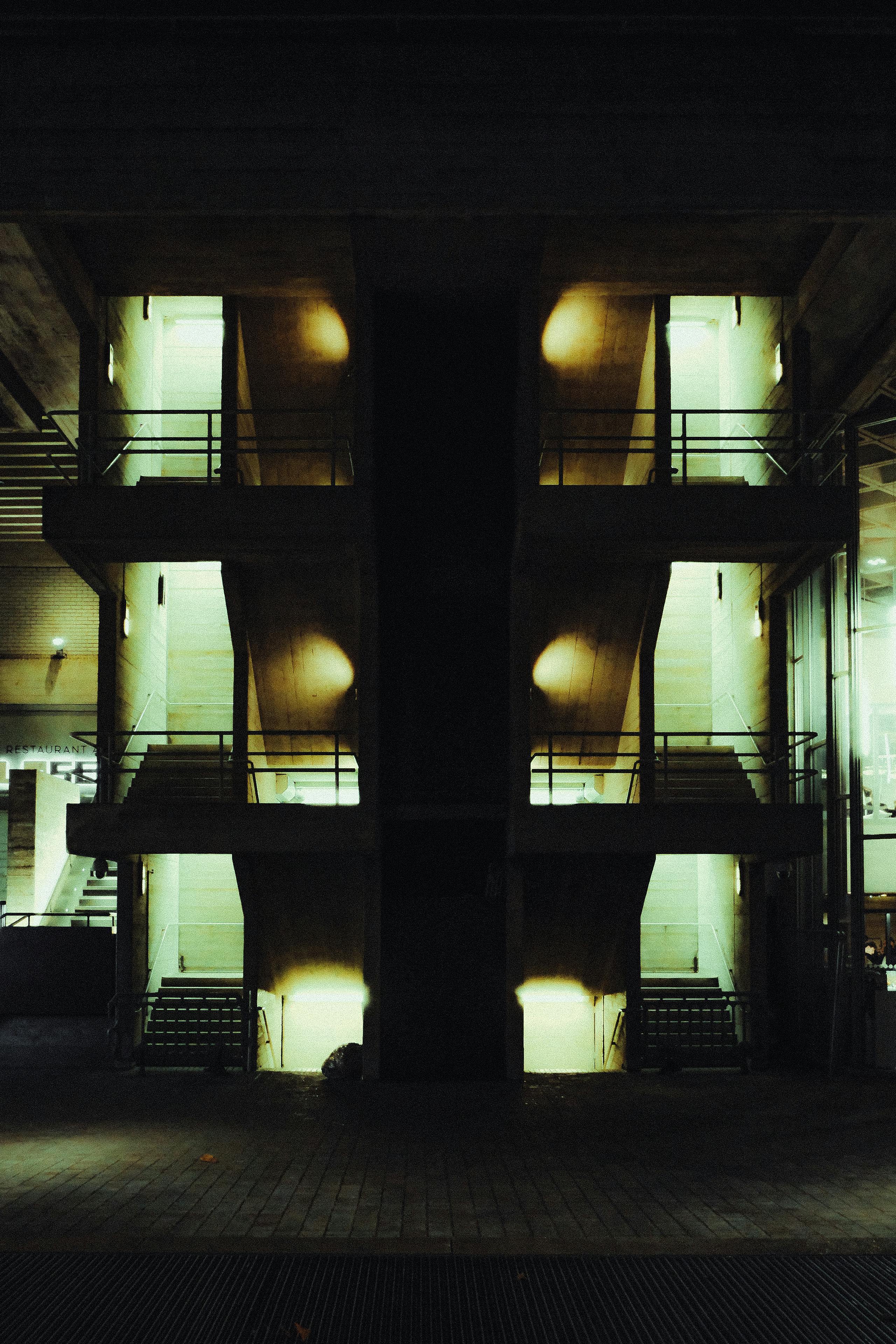 Dramatic urban staircase scene in central London with cinematic lighting.