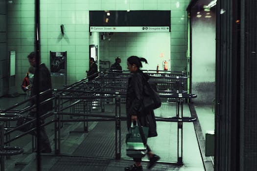 Immersive cinematic shot depicting daily life at a London underground station.