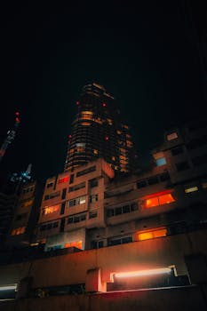 Captivating night view of illuminated skyscrapers in London with a cinematic feel.