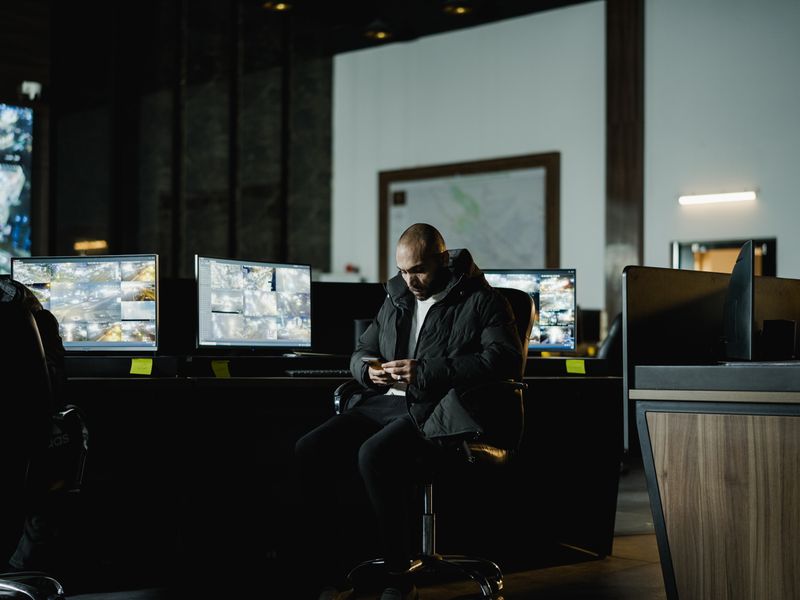 Security operator watching tracking and CCTV screens in a control room