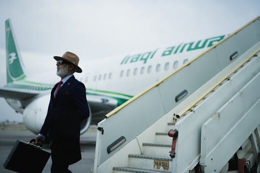A stylish businessman with a briefcase exits a plane marked Iraqi Airways.