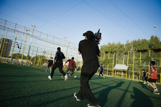 Dynamic scene capturing a filmmaker shooting an outdoor soccer match on a sunny day.