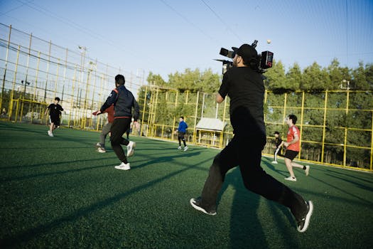A dynamic scene of a camera crew capturing an intense soccer match on a sunny day.