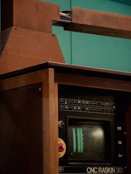Close-up of a vintage CNC Raskin 303 machine highlighting its antique computer display and wooden cabinet.