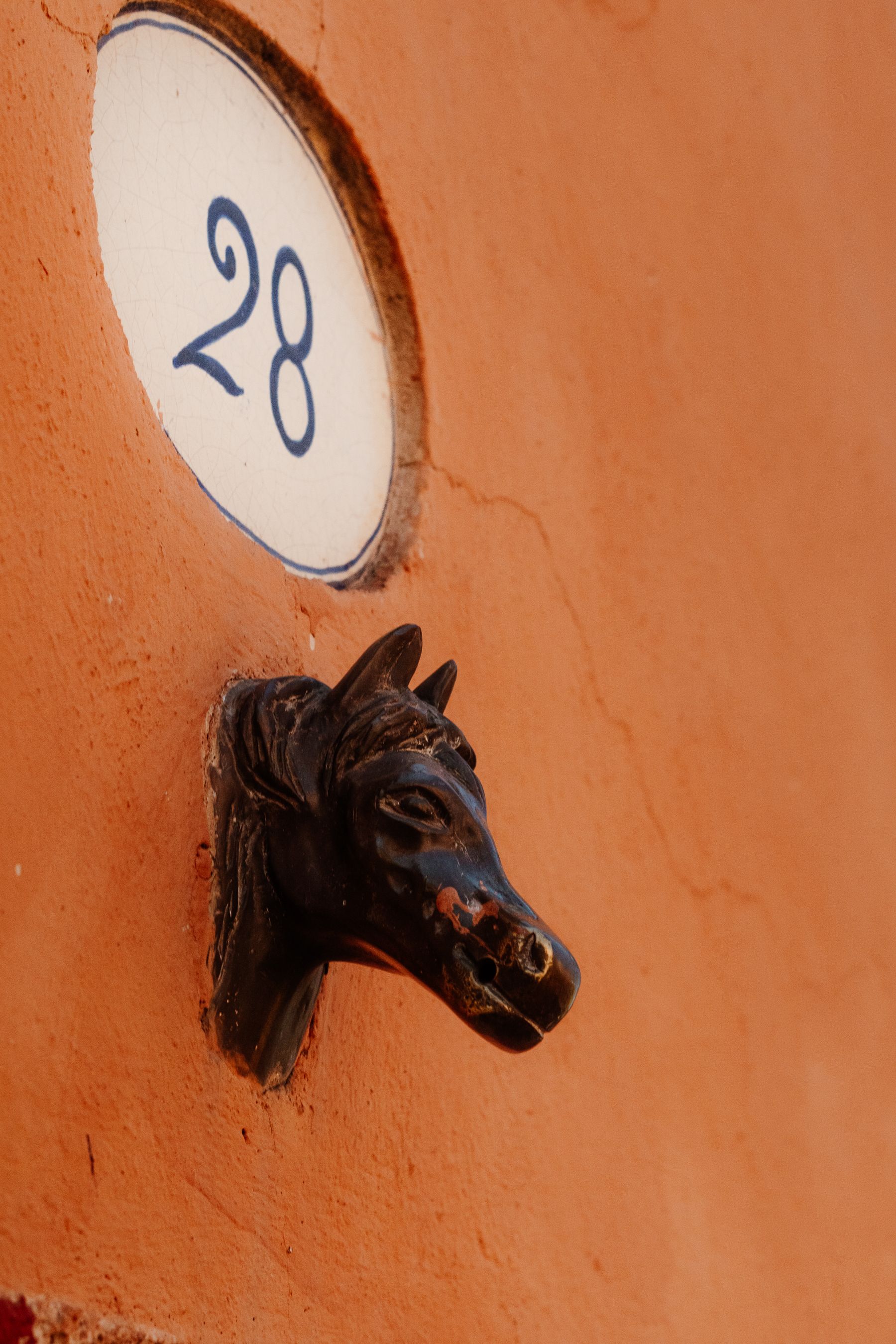 Gratis Kepala kuda dekoratif dan angka 28 pada dinding oranye di San Miguel de Allende. Foto Stok