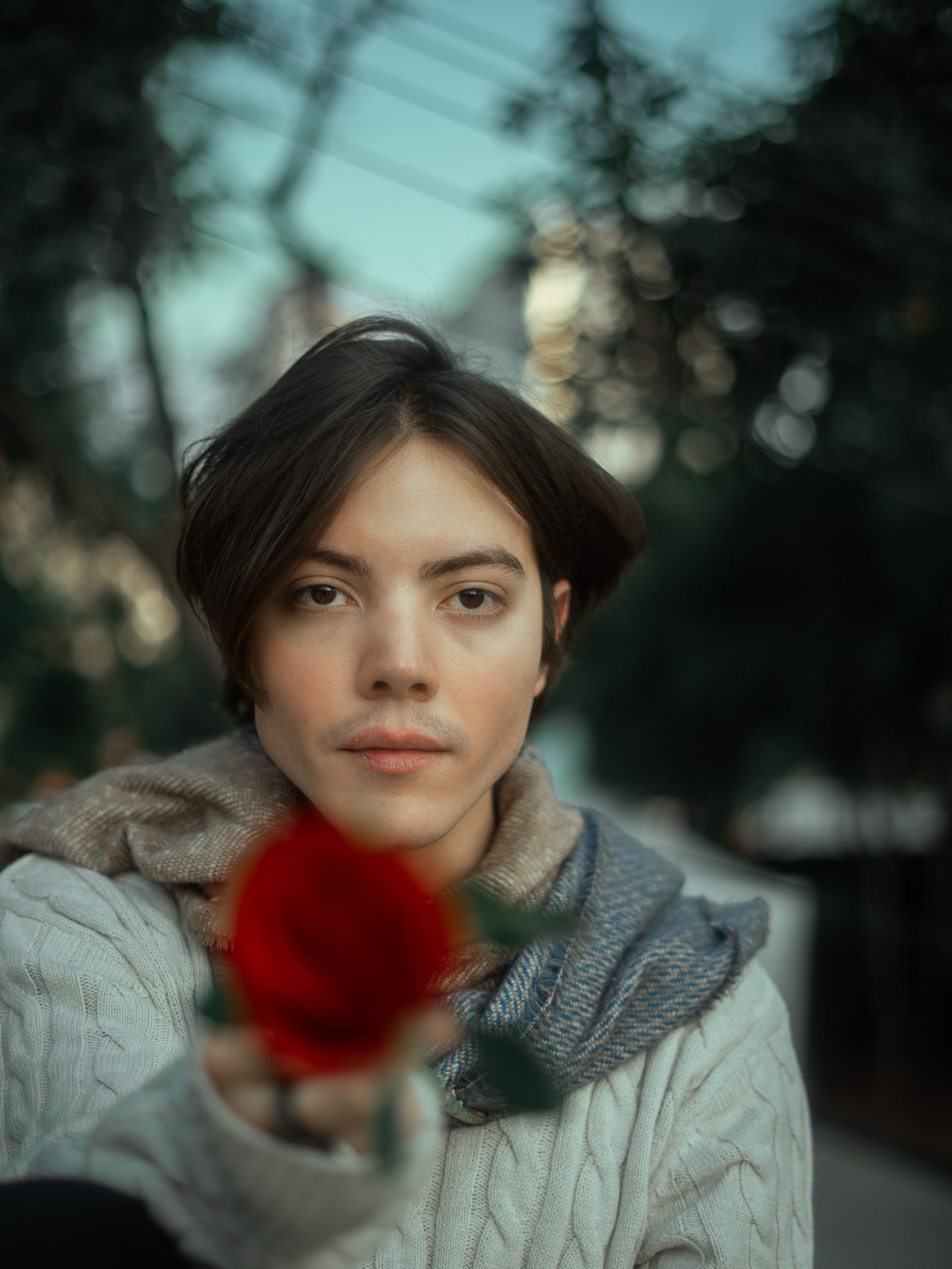 A cinematic portrait of a person offering a red rose in Mexico City, symbolizing love and romance.