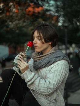 A young man in casual attire enjoys a serene moment with a red rose, embodying romance and tranquility.