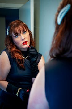 A woman in vintage attire applies lipstick in front of a mirror, showcasing elegance.