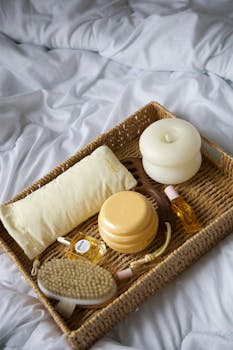 A cozy spa basket filled with massage tools, oils, and a cushion on a bed.